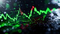 Financial market data visualization with glowing green charts and graphs displaying stock price movements and trading analytics on dark background.
