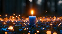 Single blue candle flame glowing in dark forest with magical bokeh lights and sparkles creating mystical atmospheric scene for spiritual or meditation background.
