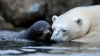Tender moment between polar bear and seal swimming in dark water, showing unusual peaceful interaction between predator and prey in arctic environment.