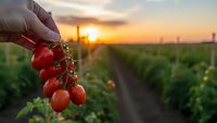 Hand holding fresh ripe red cherry tomatoes in organic vegetable garden at golden sunset. Agricultural harvest concept for healthy eating and farming.