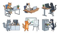 Cats working at office desks with laptops, sitting in cardboard boxes, and standing by filing cabinets. Cartoon felines in business settings for corporate, workplace, and humorous design projects.