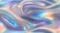 Holographic swirling liquid surface with iridescent flowing waves, sparkling particles and luminous gradients in purple, blue, gold and pink tones for abstract backgrounds and digital design projects.