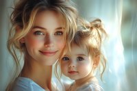 Tender portrait of young mother and daughter with blonde hair and blue eyes sharing intimate moment against soft window light background.