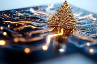 Golden Christmas tree formed from electronic components on circuit board with glowing connections, representing technology and holiday season.