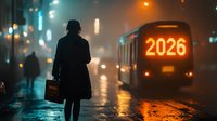 Silhouette of woman with briefcase on rainy night street with glowing 2026 numbers on tram, atmospheric urban scene with bokeh lights and reflections on wet pavement.