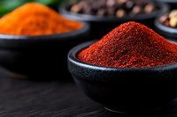 Red chili powder in black ceramic bowl against dark background with assorted spices, selective focus on vibrant paprika seasoning for cooking and food photography.
