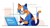 Cartoon cat programmer working on laptop with coding interface in modern office workspace for tech and development projects.