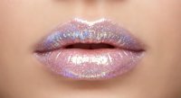 Glossy holographic lips with iridescent shimmer makeup in pink and purple tones for beauty and cosmetics advertising.