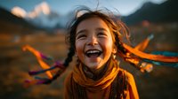 Joyful Asian girl laughing with colorful ribbons in mountain landscape at golden hour, expressing pure happiness and carefree childhood spirit.