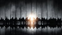 Silhouettes of business people sitting at conference table with bright light behind them on wooden background with reflection.