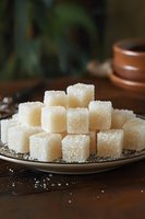 White sugar cubes arranged on dark plate with scattered granules, warm kitchen setting with blurred teacup and plant background for culinary content.