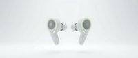 Pair of white wireless earbuds with green accents isolated on white background, ready for product design, marketing materials, and tech presentations.