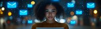 Young African American woman with natural curly hair surrounded by glowing blue email icons and bokeh lights in dark panoramic background.