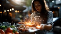 Young woman in cozy sweater sprinkles magical glowing sparkles over fresh pizza at romantic evening dinner setting with bokeh lights and warm atmosphere.