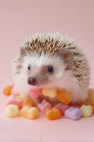 Adorable hedgehog surrounded by colorful candy hearts on soft pink background for Valentine's Day celebration and romantic holiday themes.