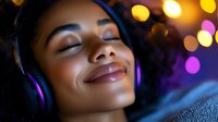 Young African American woman with closed eyes and serene expression listening to music through headphones against blurred bokeh lights background, enjoying peaceful moment.