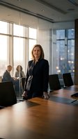 Confident mature businesswoman executive standing in modern corporate boardroom during evening meeting with city skyline view and professional team.
