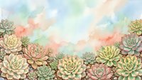 Watercolor succulent garden with blooming rosette plants in soft pastel tones of green, pink, and yellow against dreamy cloudy sky background, suitable for botanical wall art and nature-themed designs.