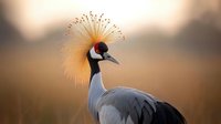 Grey crowned crane with distinctive golden crown feathers against soft blurred natural background at sunset, showcasing elegant profile and unique plumage details.