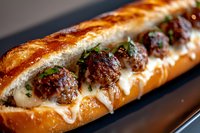 Gourmet meatball submarine sandwich with melted cheese and herbs on crusty bread roll served on dark plate for restaurant menu photography.
