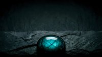 Glowing turquoise crystal orb with mystical energy radiating bright blue light on dark textured stone surface creating magical atmospheric scene.