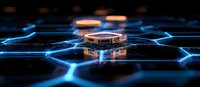Glowing blue hexagonal network with central illuminated processor chip against dark background showcases future computing and artificial intelligence concept.