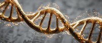 Golden DNA double helix structure with sparkling particles for genetics research, biotechnology and molecular biology scientific presentations.
