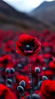 Vibrant red poppy flower in full bloom against blurred mountain backdrop, with dark buds and stems creating dramatic depth. Macro nature photography shows delicate petals.