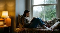 Young woman reading book on cozy bed by window with warm lamp light creating peaceful morning atmosphere for relaxation and leisure activities.