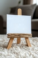 Miniature wooden easel with blank white canvas on fluffy carpet, featuring natural driftwood accent piece and simple tripod design for artistic display.