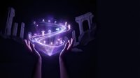 Hands holding glowing purple energy spiral with ancient ruins in dark mystical background for fantasy and magic concepts.