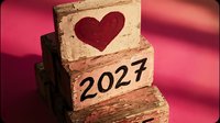 Stacked wooden blocks with heart symbol and 2027 date on pink background, representing new year goals, love resolutions, and future planning for romantic occasions.