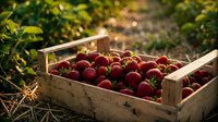Fresh ripe strawberries in wooden crate during golden hour harvest time in organic farm field with natural sunlight and green foliage background.