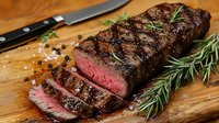Juicy medium rare beef steak sliced on wooden cutting board with fresh rosemary sprigs, black pepper, and steak knife, showing perfect grill marks and pink center.