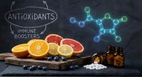 Antioxidants immune boosters concept with citrus fruits, pills and molecular structure on dark background for health and wellness education.