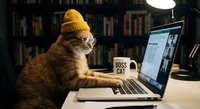 Orange tabby cat wearing yellow knit beanie working on laptop computer in cozy home office with bookshelf background and desk lamp for remote work concept.
