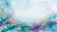 Abstract watercolor landscape with flowing teal, purple and gold waves creating dreamy mountain-like forms against soft pastel sky background.