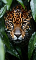 Jaguar peering through wet rainforest foliage with intense gaze, spotted orange and black coat visible among green leaves.
