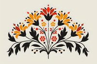 Decorative folk art floral composition with red and orange blooms, black leaves arranged in symmetrical pattern on light beige background. Traditional motif for design.