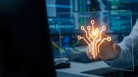 Digital circuit tree glowing in neon orange on transparent holographic display, symbolizing artificial intelligence, data flow, and technology innovation in modern computing environment.