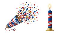 Festive firework cracker bursting with red, white, and blue stars alongside a patriotic striped candle on isolated white background, perfect for holiday designs.