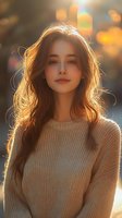 Young Asian woman with long brown hair in beige knit sweater illuminated by warm sunset light creating magical backlit effect, expressing gentle smile and natural beauty.