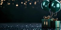 Elegant emerald green gift box with metallic balloons on dark glittery surface against bokeh background, festive holiday celebration setup with copy space.