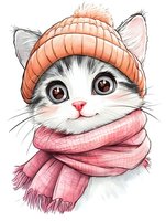 Adorable white cat wearing peach knit beanie and pink scarf, drawn in sweet cartoon style with big brown eyes and detailed fur texture on white background.