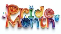 Colorful quilled paper lettering spelling Pride Month with rainbow colors and decorative flourishes on white background, ready for pride celebration designs.
