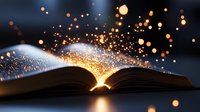 Magical open book with glowing golden light and sparkling particles rising from pages against dark background, creating mystical atmosphere.