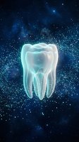 Glowing translucent tooth floating in cosmic space with stars and nebula background for dental care and oral health concepts.