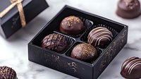 Luxury chocolate truffles in elegant black gift box with gold details. Assorted handcrafted bonbons with dark and white chocolate decoration and golden sprinkles.