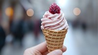 Fresh raspberry ice cream cone with pink whipped topping and frozen berry garnish against blurred bokeh background, sweet summer dessert treat.
