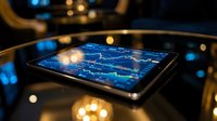 Digital tablet displaying financial trading charts and market data analysis on screen with bokeh lights background for investment technology concepts.